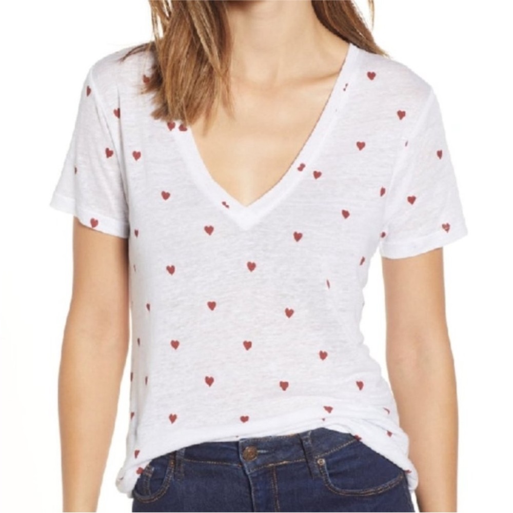 Rails Cara Valentines V-neck White Short Sleeve Tee Pink Lipstick Hearts Pattern